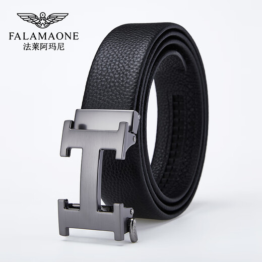 法莱阿玛尼（FALAMAONE）品牌皮带男牛皮自动扣腰带真皮商务裤带生日情人节礼物送老公男友 枪色/PD826Q【专柜礼盒】 110cm -140cm默认随机（可修剪）