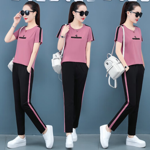 DIDAI [Suit] T-shirt for women, new short-sleeved women's T-shirt, sports student summer tops, casual pants, Korean version pink [long pants suit] XL recommendation (115-130) Jin [Jin equals 0.5 kg]
