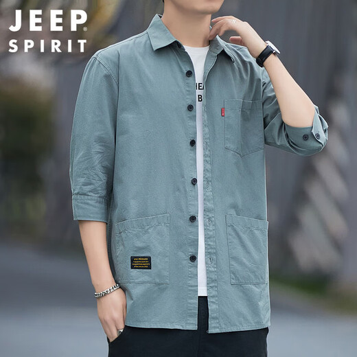 JEEP SPIRIT吉普衬衫男夏季衬衣男士外套休闲七分袖男装短袖衬衫 豆绿色 XL 
