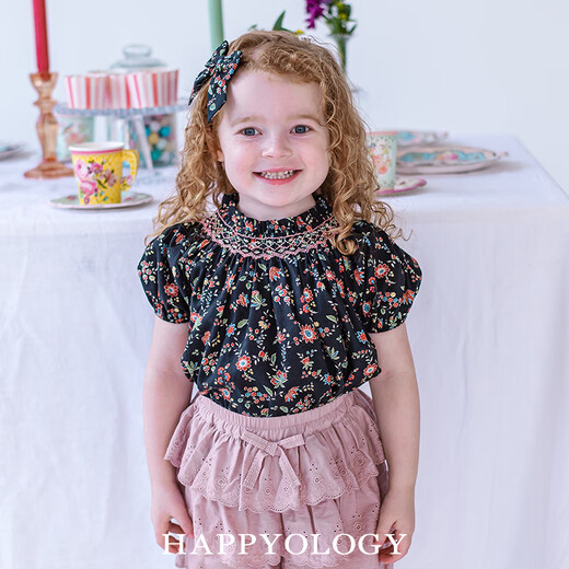 Happyology British girls summer pure cotton floral top baby girl's ear-trimmed stand-up collar puff sleeve shirt Starry Night Secret Garden 98 (98cm)
