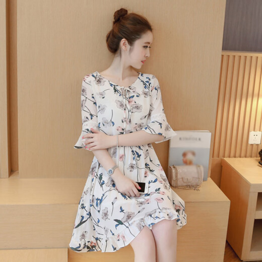 Yu Zhaolin Women's Korean Style Korean Style Short Sleeve Floral Chiffon Dress YWTY1917-93 White L