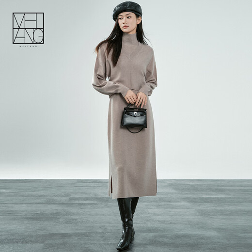 MEIYANG Champagne knitted wool suit Quiet and luxurious temperament V-neck long-sleeved sweater straight tank top skirt new sweater sweater light coffee (top) S