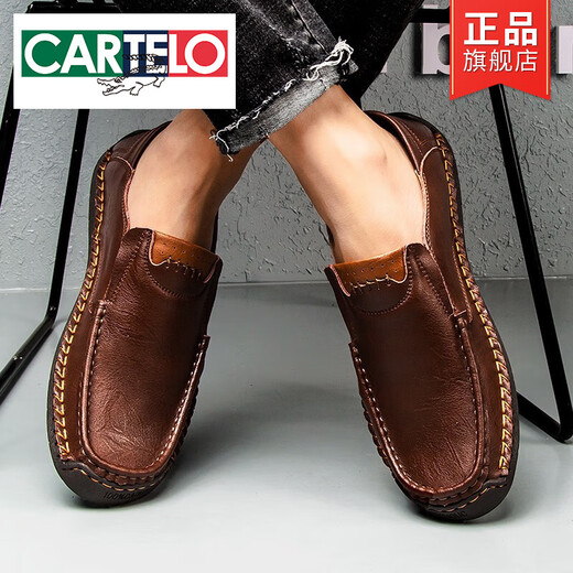 Cartelo Lederschuhe Herren Frühling und Herbst 2025 Neue atmungsaktive lässige lässige Schuhe Herren echte Leder Weiche alleinige Lederschuhe Herrenschuhe Ein-Schritt-Bohnenschuhe schwarz [9916 Four Seasons] 38