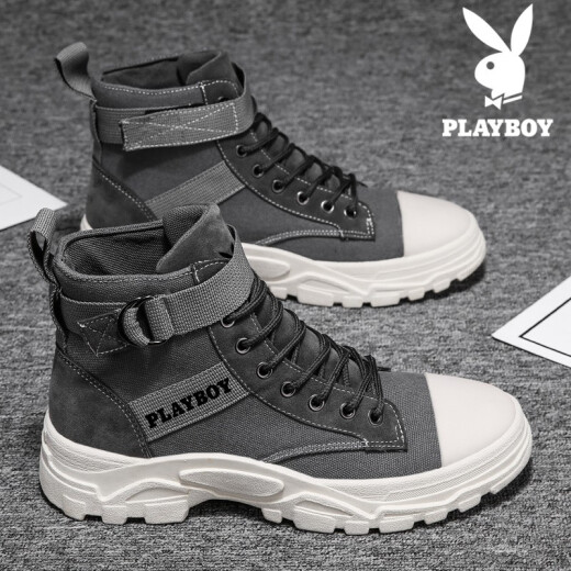 Playboy Martin boots men's 2020 autumn and winter new snow men's boots British style Korean style casual large leather shoes high-top shoes trendy shoes trend versatile short-tube retro work boots gray (without velvet) 44