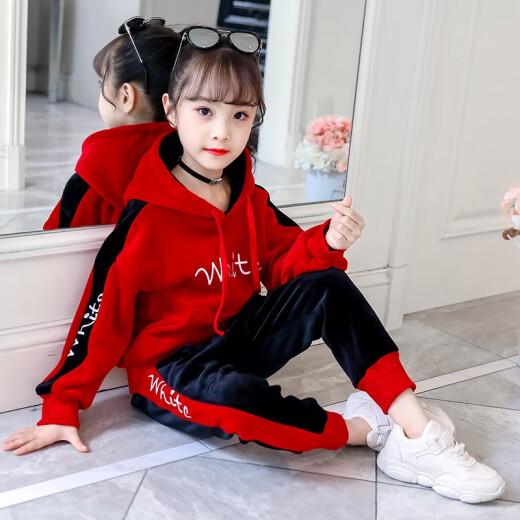 Sanye Bean Children's Clothing Girls Suit Autumn and Winter Clothes Plus Velvet Thickening 2021 New Children's Gold Velvet Sports Suit for Big Kids and Girls Autumn and Winter Internet Celebrity Style Sweater Pants Two-piece Set A Style Red (Velvet Thickening) 150cm