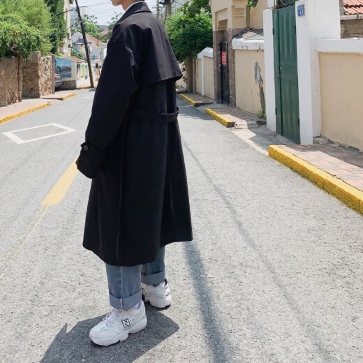 Stylish Hong Kong windbreaker men's mid-length spring and autumn Hong Kong style ins fashion brand student coat men's Korean style trendy loose casual coat black regular M90-120Jin [Jin equals 0.5 kg]
