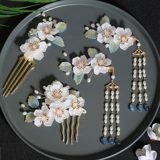 Meng Junchen, ancient style Hanfu headdress, hairpin with tassels, hand-made flower hair crown, ancient costume hair trim, edge clip bun, Tang style complete set, one hairpin