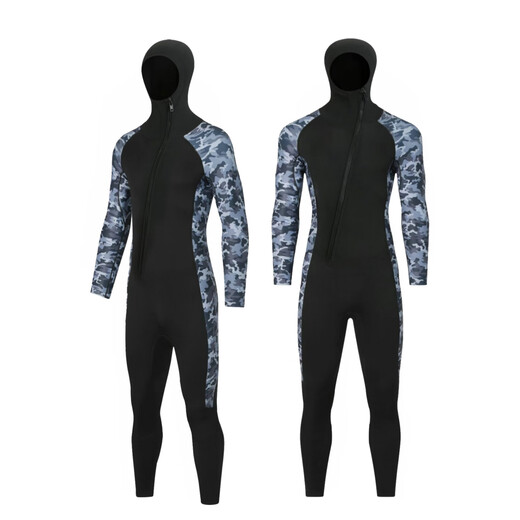 Gumuni cross-border 3MM one-piece wetsuit for men in the sea, cold-proof wetsuit, warm swimsuit, snorkeling paddleboard surfing, 3mm camouflage gray hooded S