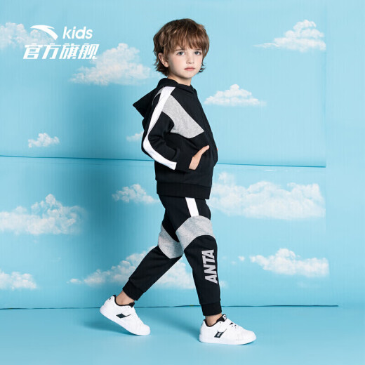 ANTA Children's official flagship children's clothing children's suit boys autumn and winter knitted sports suit A35019714 Fantasy Black-4/130