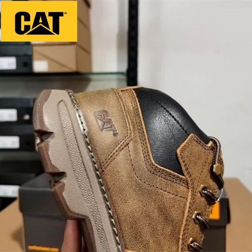 卡特 CAT圆头系带男鞋工装高帮真牛皮休闲耐磨牛皮轻便户外休闲鞋 卡其色 41