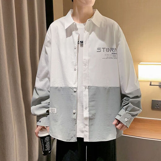 丹俏丽衬衫男士春夏季新款韩版潮流拼接印花长袖衬衣青少年宽松痞帅外套 白色 679 M