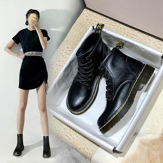 ZHR women's boots real cowhide INS trendy Martin boots for women 6-hole fashionable internet celebrity style versatile short boots for women thick sole height-enhancing and lightweight G316H black 37