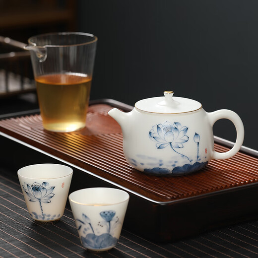 MULTIPOTENT mutton fat jade hand-painted lotus Kung Fu tea set teapot single pot gift box Dehua white porcelain YQ0237 gift