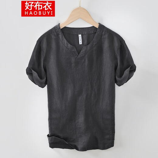 好布衣（HAOBUYI）夏季薄款纯亚麻短袖T恤男棉麻复古新中式全麻V领体恤衫 咖啡色 XXL
