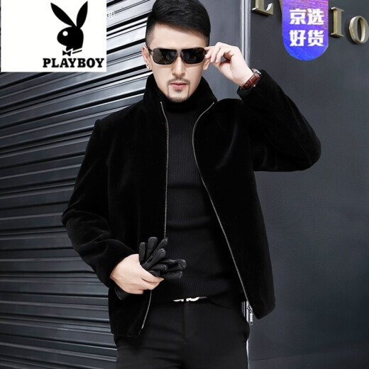 Playboy Fur Men's All-in-one Haining Sheep Shear Fur Short Stand Collar Men's Wool Jacket Coat Slim Genuine Leather Jacket Black 165/M