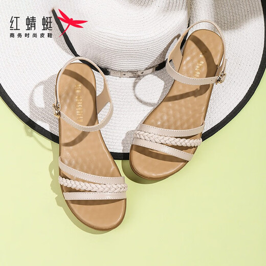 红蜻蜓凉鞋女仙女风夏季新款搭裙子的鞋学生百搭坡跟凉鞋女鞋WTK9194 米色 38