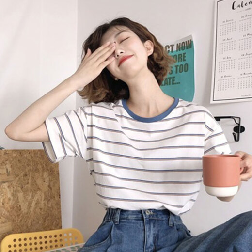 MILANYIN women's short-sleeved loose Korean style versatile round neck striped T-shirt TML042 striped XXL