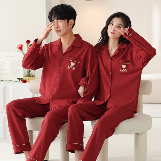 Admiring Autumn and Summer Wedding Couple Pajamas Pure Cotton Long Sleeve Long Style Suit Year of the Snake Red Zodiac Year Men and Women Spring and Autumn Style JS-6098 2 Set Price Female L + Male XXL