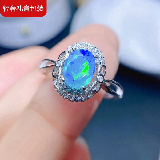 Tingbai simple and fashionable silver inlaid with fire blue opal ring light luxury high-end birthday gift for wife and girlfriend