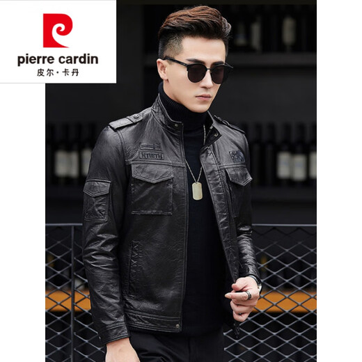 皮尔卡丹（pierre cardin）真皮皮衣男2023新款海宁绵羊皮机车修身短款韩版立领皮夹克外套潮 黑色-单皮 175/XL码-125-135斤