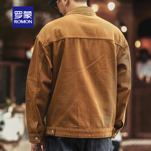 Romon Jacket American Heavyweight Retro Denim Jacket Men's Autumn and Winter Velvet Loose Casual Tough Guy Hunting Workwear Men's Turmeric L Suitable for 120-140 Jin Jin equals 0.5 kg