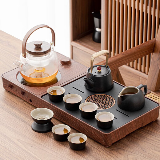Tangfeng black pottery Kung Fu tea set, smart integrated tea tray, complete set of light luxury retro boiling water tea making equipment for home living room, walnut color stone surface tea tray + elegant lifting kettle, transparent
