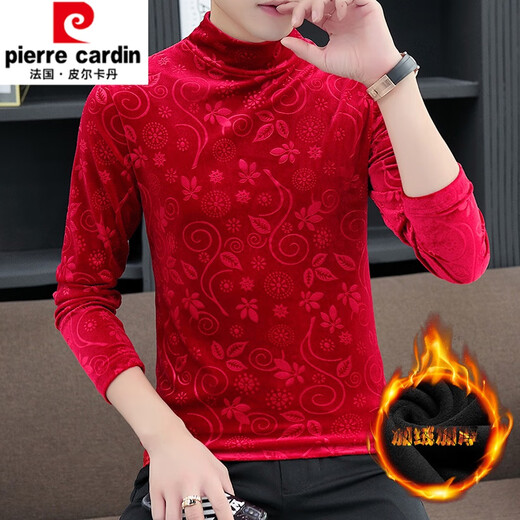 皮尔卡丹（pierre cardin）男士金丝绒长袖t恤男加绒加厚冬季高领打底衫青少年潮牌保暖上衣 691黑色(加.绒) M