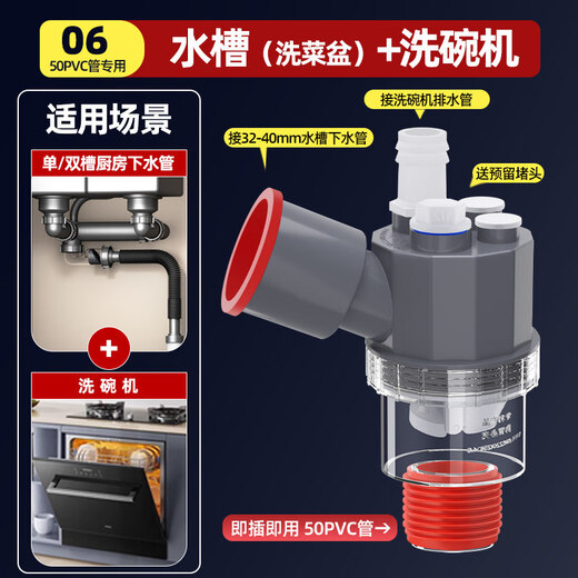 Suitable for FOTILE dishwasher drain three-way kitchen water purifier drain pipe special anti-odor joint water distributor 50-tube special-purpose no-sink connection 1 pipe delivery