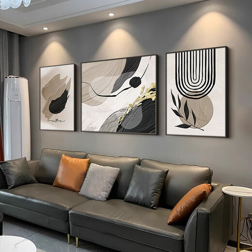 Landscape color high-end living room decoration painting modern art office triptych black and white abstract sofa background wall hanging painting Huatian Hexu C left and right 50*70 middle 100*70cm aluminum alloy frame + crystal porcelain painting