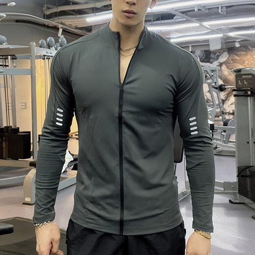 Tangjun American fitness clothes men's sports long-sleeved cycling jacket quick-drying slim stretch running training zipper cardigan gray 2XL size recommended 160-180 Jin Jin equals 0.5 kg