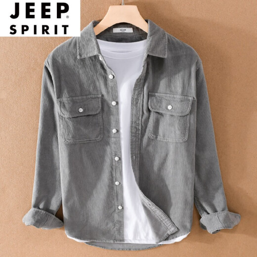 JEEP SPIRIT日系复古纯棉衬衣灯芯绒外套男士春秋季薄款休闲衬衫工装上衣服潮 YY-9755黑灰色 M