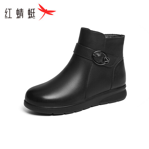 Red Dragonfly Mom Cotton Shoes Women's Winter Wool and Velvet Warm High Top Short Boots Comfortable Leather Boots WTC44638 Black 38