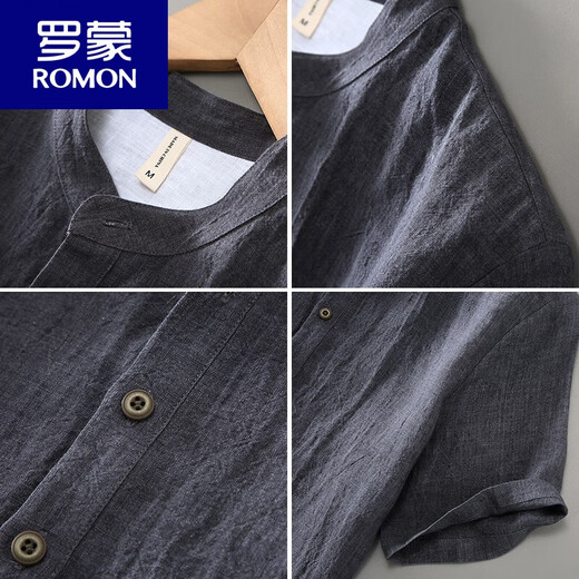 罗蒙（ROMON）纯亚麻短袖t恤男士夏季棉麻T恤麻布衣服复古休闲透气立领麻料上衣 JM280灰色 XL