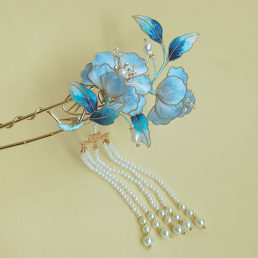 Meng Junchen antique silk gradient hairpin intangible cultural heritage handmade velvet flower hairpin Hanfu imitation dot emerald hair accessory birthday gift light blue