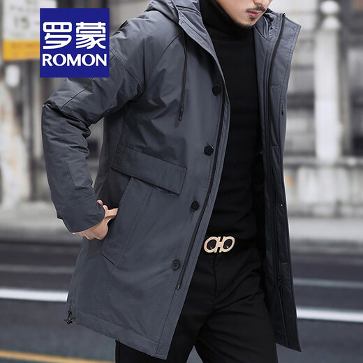 Luo Meng mid-length windbreaker men's autumn and winter windproof and cold-proof down coat for young and middle-aged people, hooded dad jacket FY192213 gray spring and autumn style XL 180 recommended 130-140 Jin Jin equals 0.5 kg