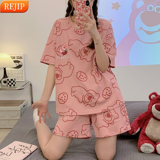 
REJIP pajamas ladies 2024 new short-sleeved shorts summer cute internet celebrity style home clothing summer suit can be worn outside Q6627 2XL [recommended 140-160Jin [Jin equals 0.5 kg]]
