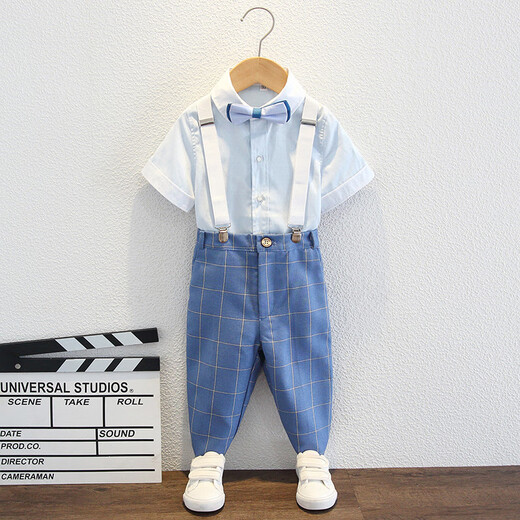 Bear Elf (Xiaoxiongjingling) Jungenkleid Sommer-Kinderanzug hübscher kleiner Jungen Blumen Boy Host Overss Chors Performance Anzug kurzärmeliges Hemd + Blau-Gitter-Shorts + Fliege + Riemen 120 Größe (empfohlenes Gewicht 37-43 Jin [Jin gleich 0,5 kg]))
