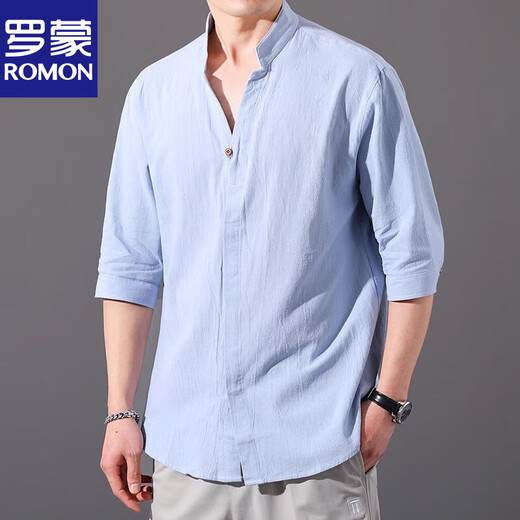 
Lomon Chinese style cotton linen men's T-shirt with seven-quarter sleeves pure cotton linen simple stand collar short-sleeved men's shirt 8K02 military green mid-sleeved 4XL (165-180Jin[Jin equals 0.5 kg])