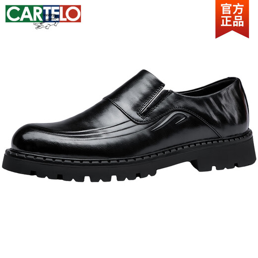 CARTELO casual leather shoes for men, slip-ons, soft leather business men's shoes, autumn fashionable genuine leather thick-soled inner height-increasing derby shoes, black, non-increasing 40