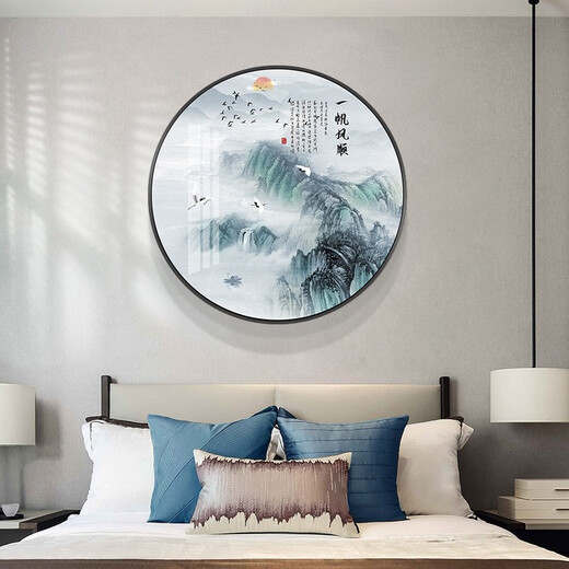 桐迪新中式圆形装饰画客厅沙发背景墙壁画过道走廊玄关画书房山水挂画 12156 一帆风顺 烤瓷镶钻-直径60-铝合金黑框