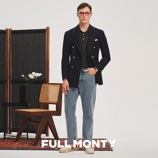 FULL MONTY海军蓝布雷泽休闲西装外套男士纯羊毛西服轻商务单西 双排金扣6691 46