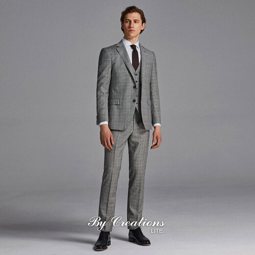By Creations High-count yarn pure wool suit men's retro business versatile plaid suit professional commuting formal gray and white plaid 48 (175/92A)