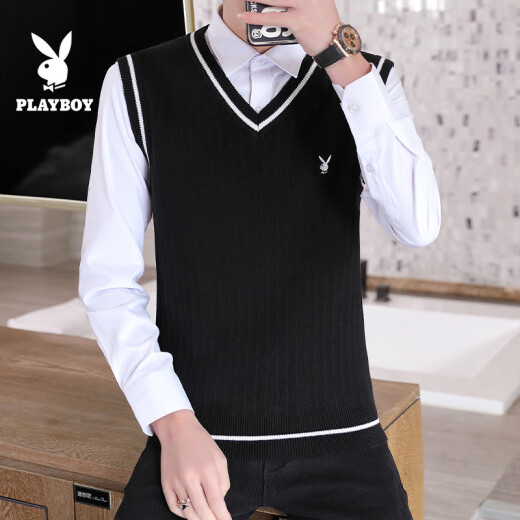 Playboy 2020 autumn new sweater men's vest V-neck sweater casual vest Korean style vest sweater inner wear for men MT-98810 black XL