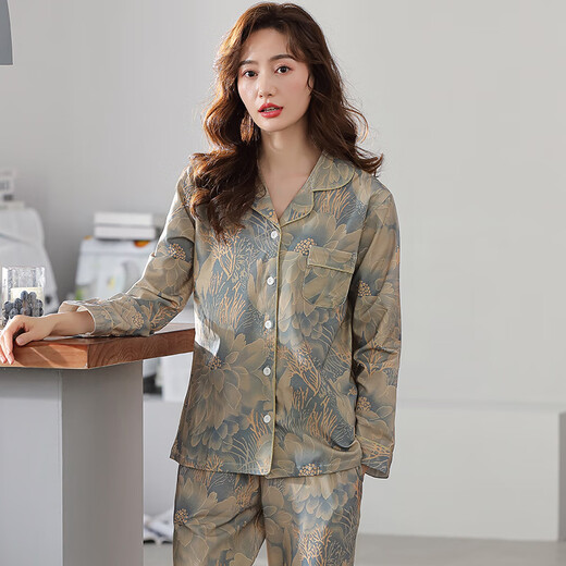 
Quguo (QUGUO) spring and autumn women's pajama cardigan long sleeve pure cotton spring and autumn women's autumn women's full cotton home clothing set 9215 lilac brown 3XL [recommended 160-180Jin [Jin equals 0.5 kg]]