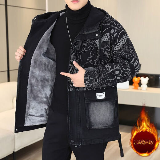 NASALIKE冬季中长款牛仔外套男加绒加厚宽松潮流大码派克服学生青少年棉服 719黑色 加绒加厚 XL 110-130斤左右
