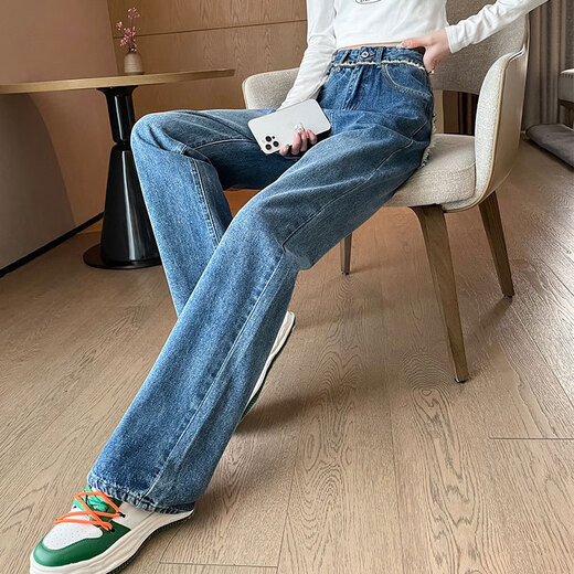 Commander Bear Hohe Taille gerade Jeans für Frauen lose und schlank 2025 Neue Frühling und Herbst kleiner Körpergrenze kontrastweit Beine Hosen HN693 Inman Retro Blue SPISCH 95JIN [JIN entsprechen 0,5 kg]