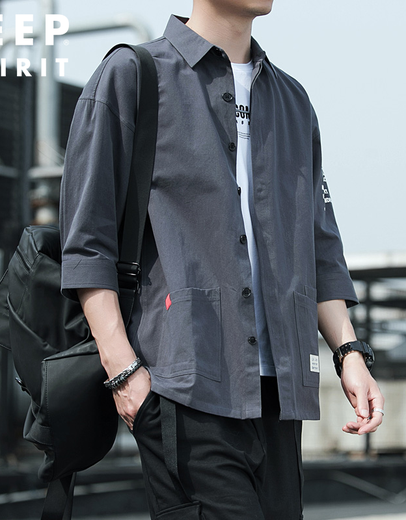 
JEEP SPIRIT Jeep Outdoor Shirt Men's Versatile Solid Color Korean Style Long Sleeve Men's Cropped Sleeve Summer Casual Top Men's Shirt Workwear Light Gray 8829 (Cropped Sleeve) 2XL