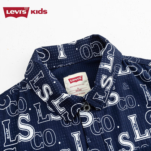 Levi's Levi's children's clothing, the same style as the mall, new summer style boys' full-print logo shirt, woven short-sleeved top, dark indigo 120/60, recommended height 110-116cm