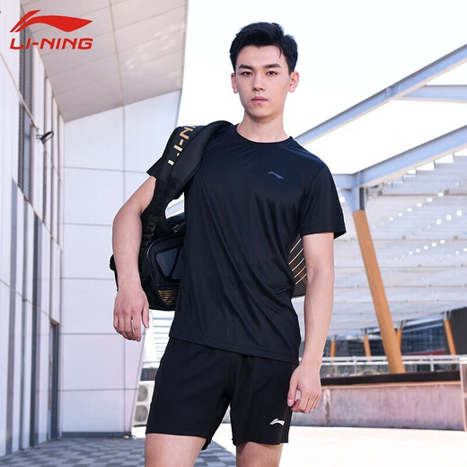 李宁（LI-NING） 运动服男女新款羽毛球服T恤短袖速干短裤春夏季乒羽网服 男款黑色上衣 L