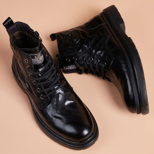 COOKOOS brand Martin boots men's top layer cowhide genuine leather British style Zhongbang work boots casual versatile leather boots men's black 38 (240mm)